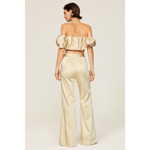 RTR Jonathan Simkhai Sz 6 Cream Gold Duchesse High Bootcut Wide Leg Satin Pants - Picture 2 of 10